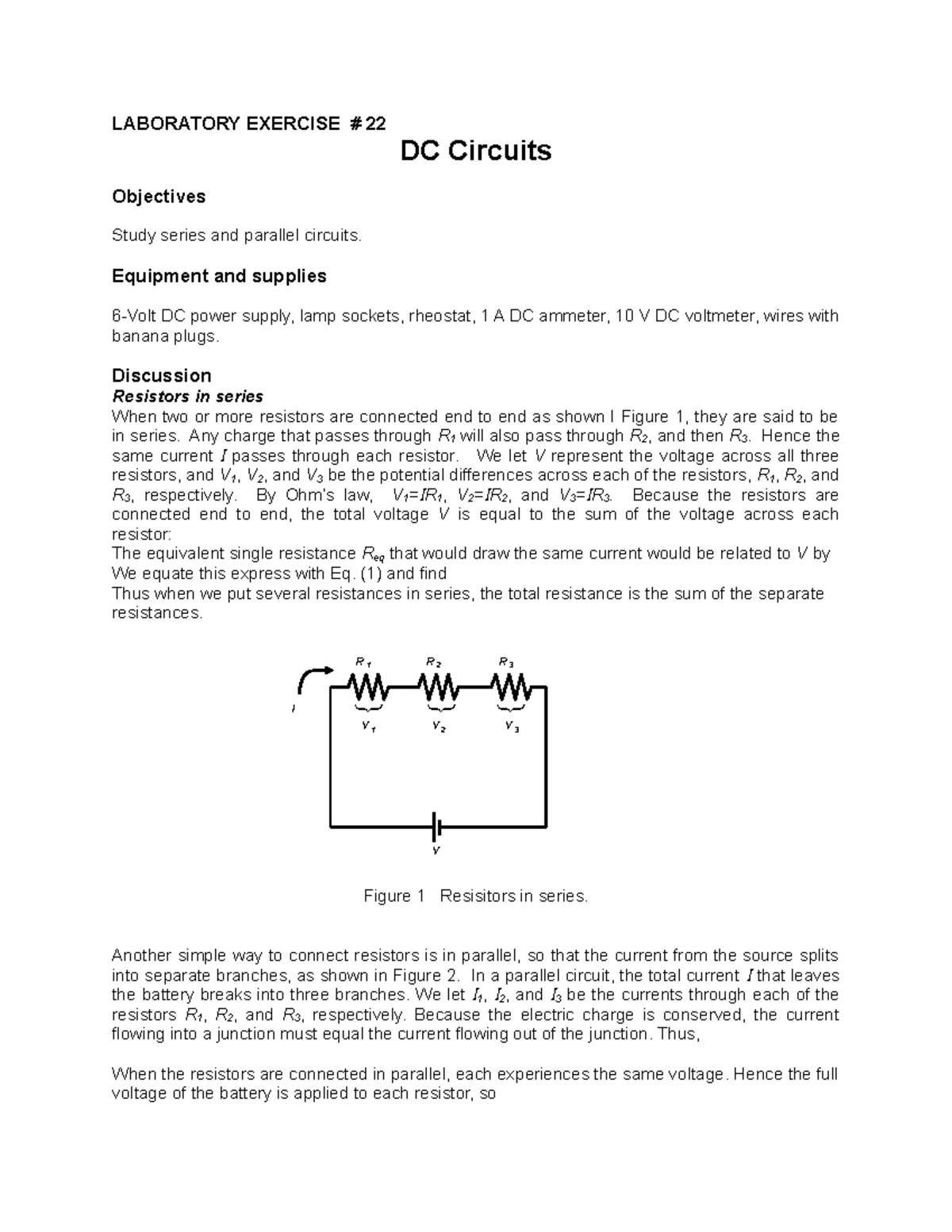 Lab 2 DC Circuitts exercice #22 - LABORATORY EXERCISE # 22 DC Circuits ...