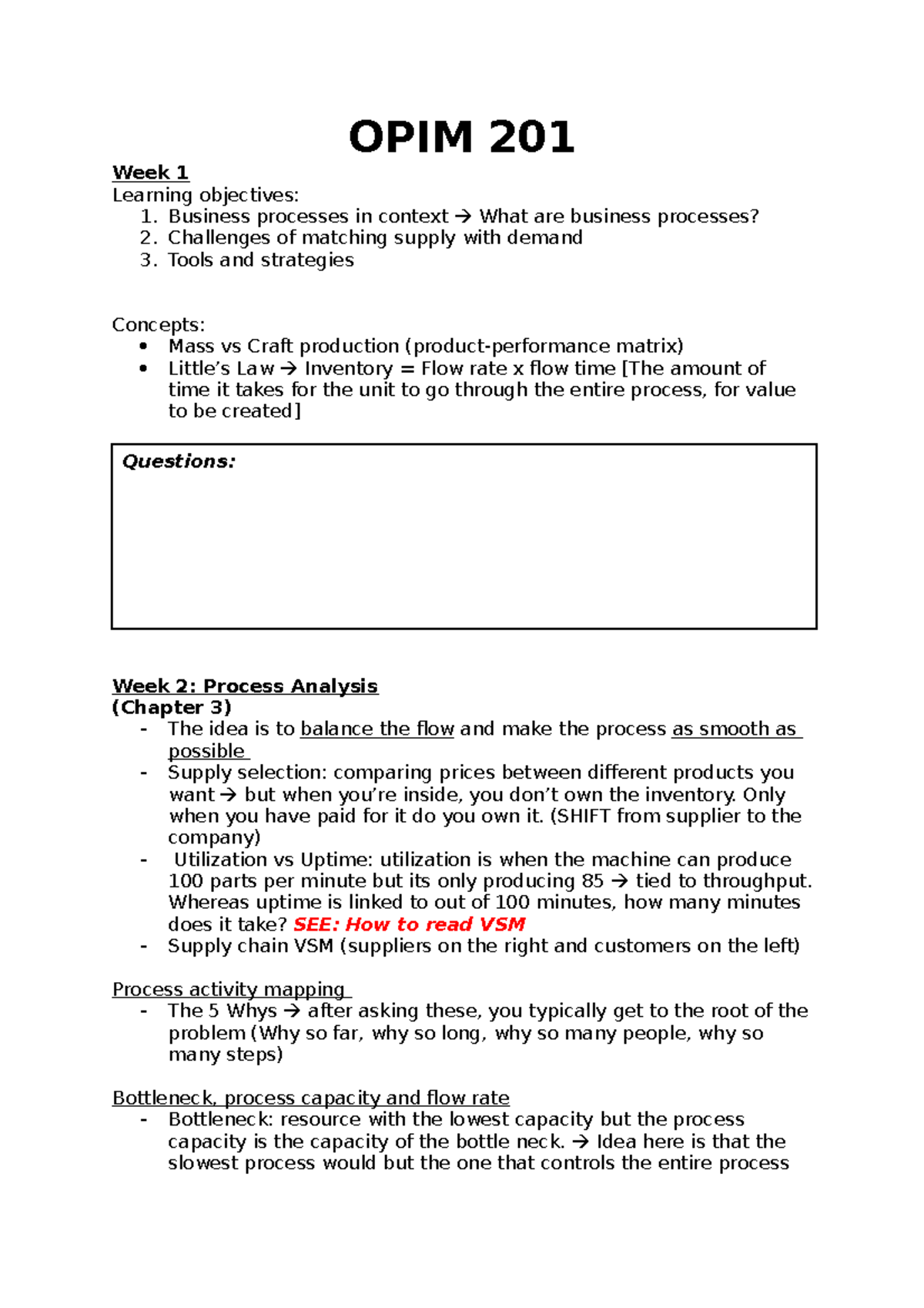 OPIM 201 Notes - Koh Niak Wu - OPIM 201 Week 1 Learning objectives: 1 ...