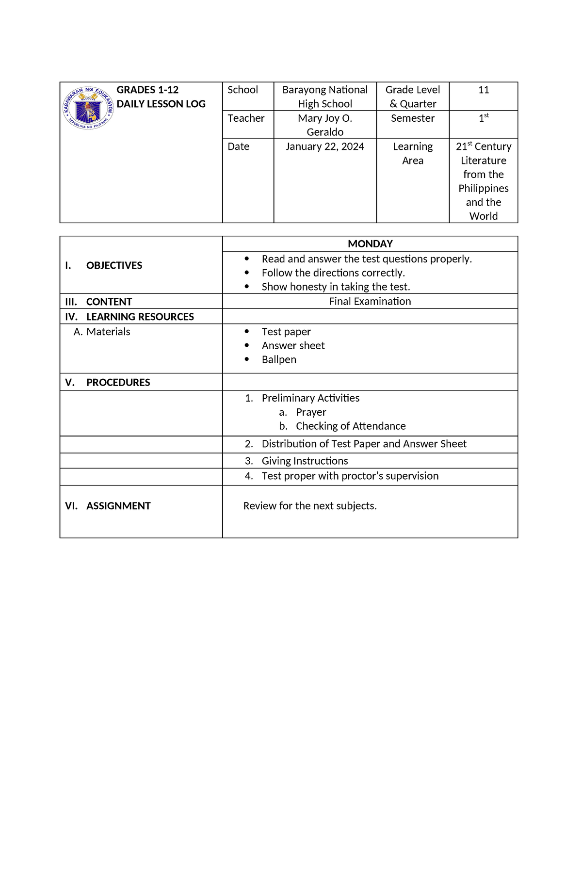 6 SHS Daily Lesson LOG DLL PR1 Mar 28-31 - GRADES 1- DAILY LESSON LOG ...