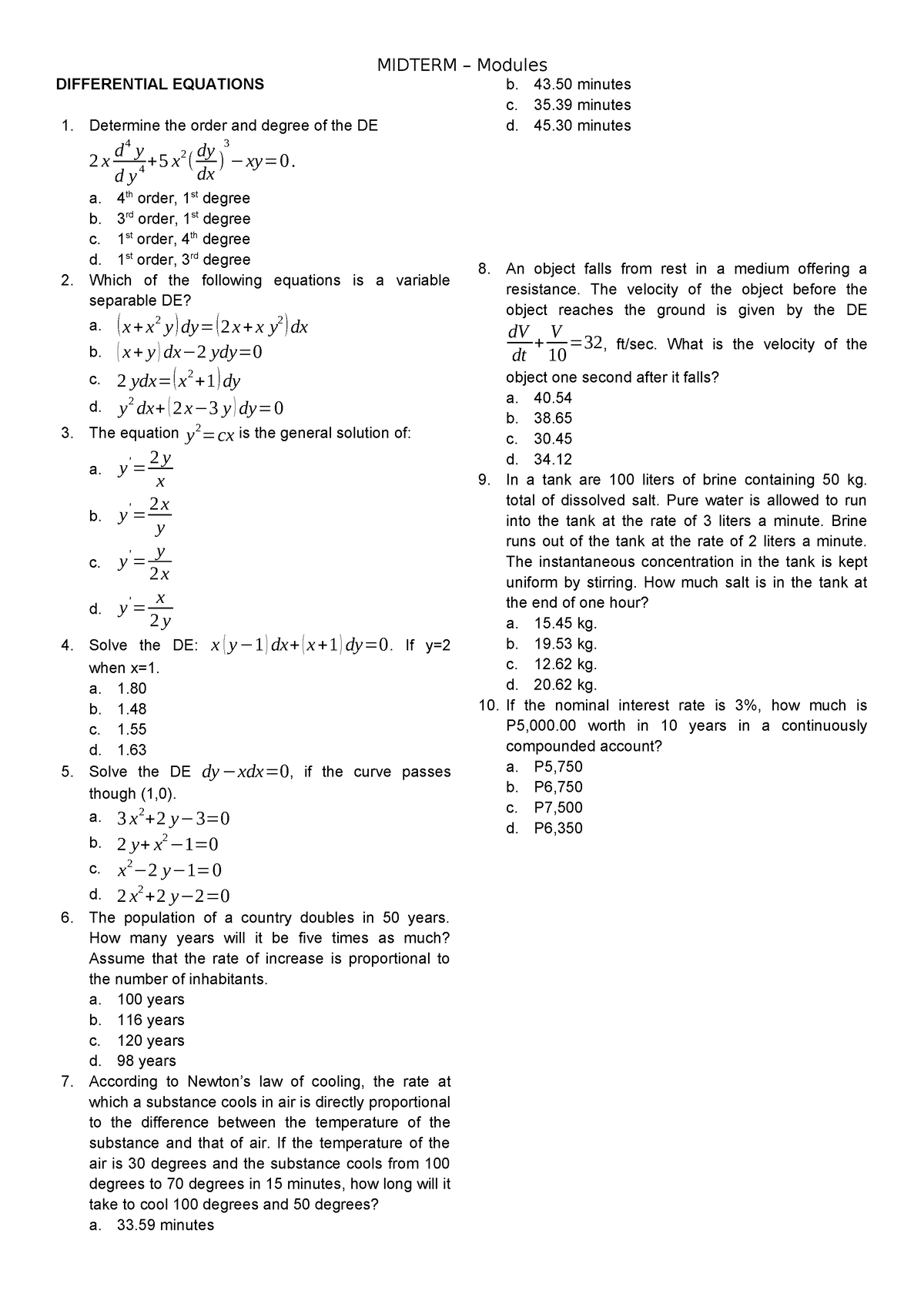 ECP115 Midterm Modules - DIFFERENTIAL EQUATIONS 1. Determine the order ...