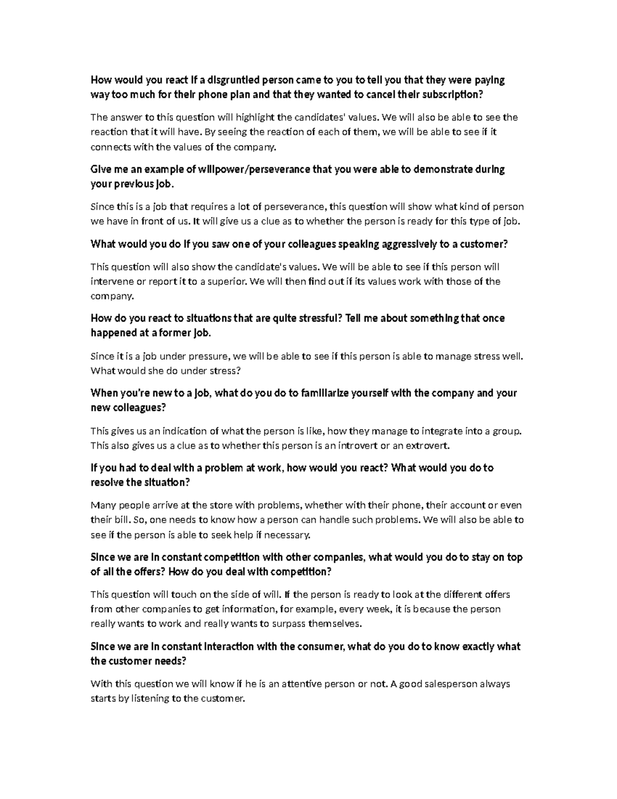 ORH1600 Questions - How would you react if a disgruntled person came to ...