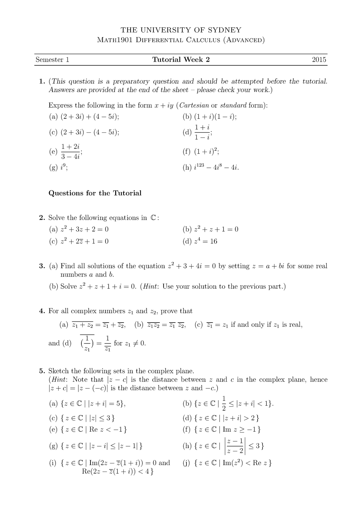 Tutorial work - 1 - THE UNIVERSITY OF SYDNEY Math1901 Differential ...