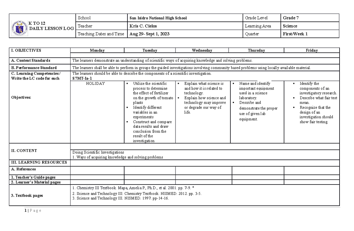 DLL Science Grade 7 Quarter 1 Week1 (Palawan Division) - K TO 12 DAILY ...