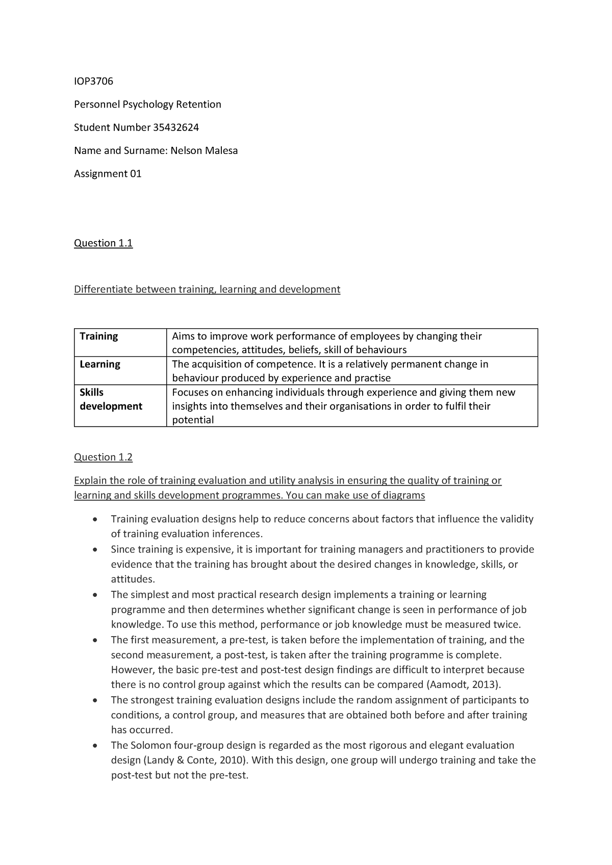 IOP3706 Assignment 01 - IOP Personnel Psychology Retention Student ...