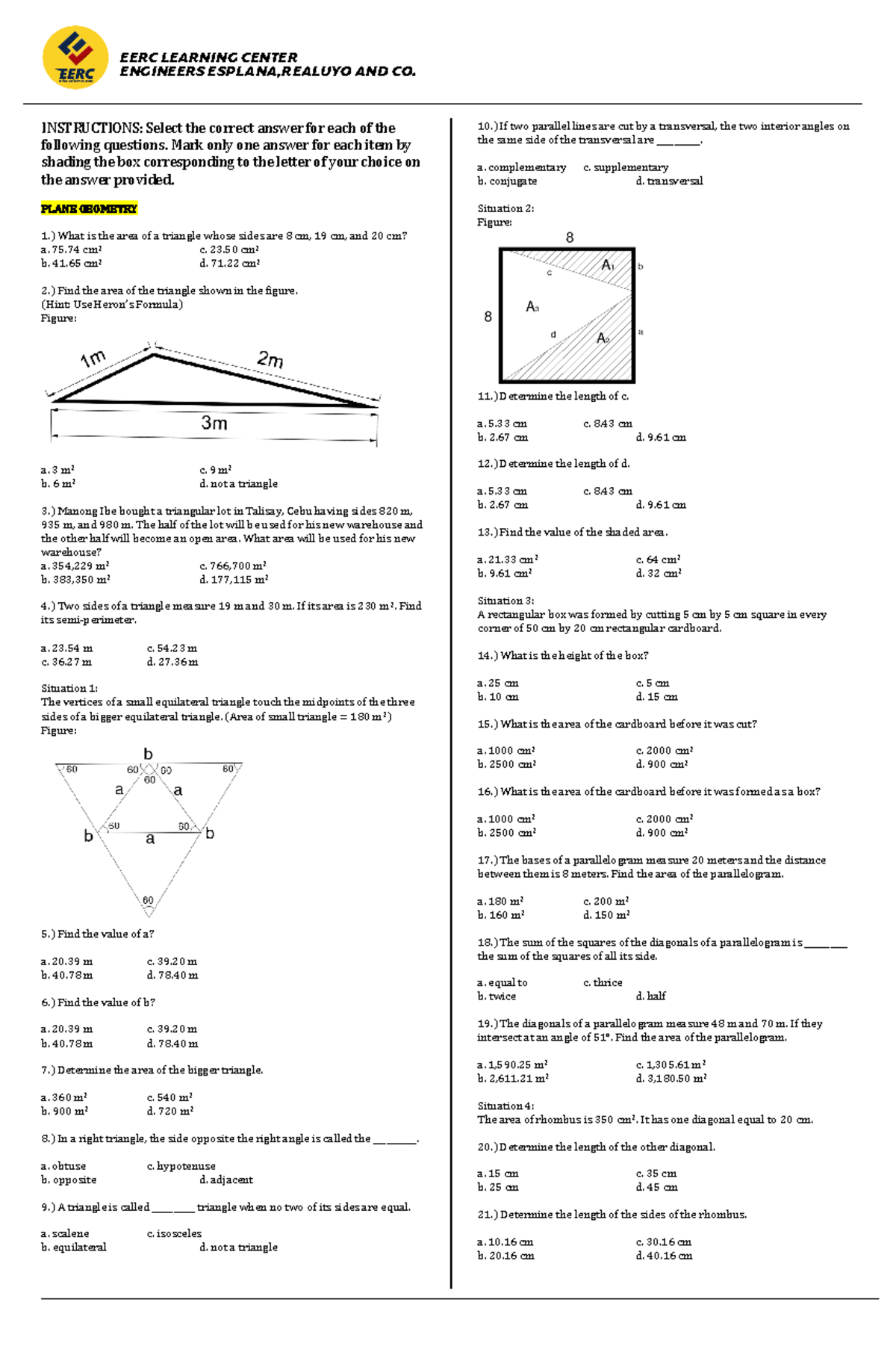 Plane AND Solid Evaluation EXAM - EERC LEARNING CENTER ENGINEERS ...