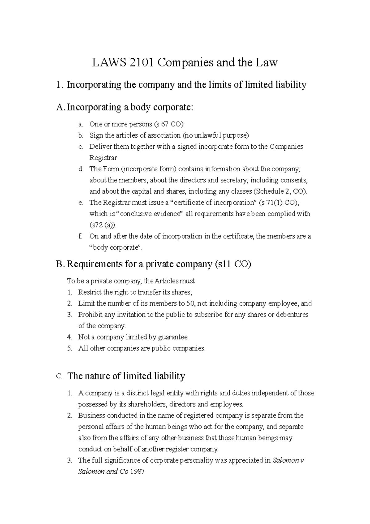 Company 1 Law Notes Laws 2101 Companies And The Law 1 Incorporating The Company And The Limits Of Studocu
