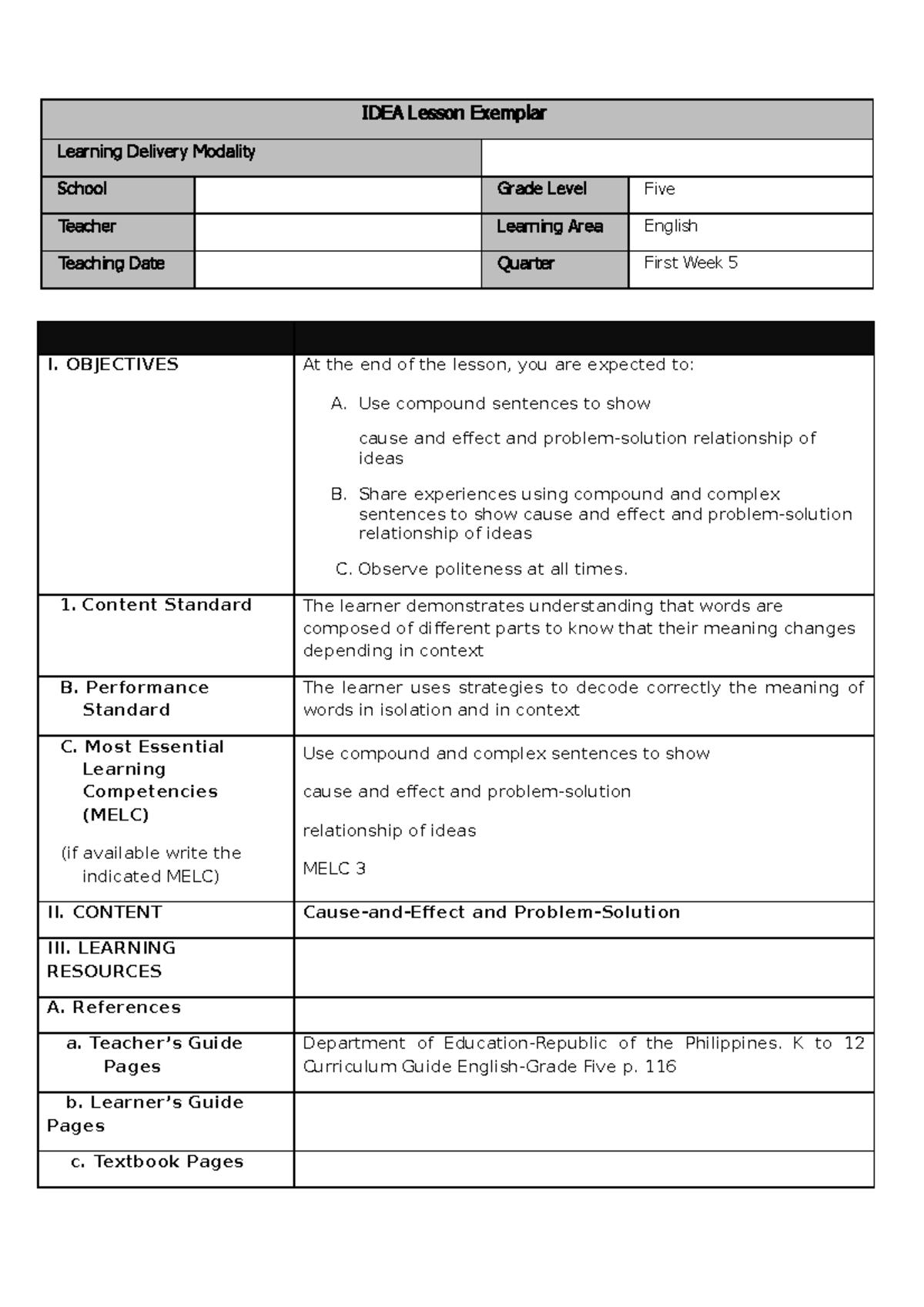 English 5 IDEA LE Q1 WEEK 5 IDEA Lesson Exemplar Learning Delivery