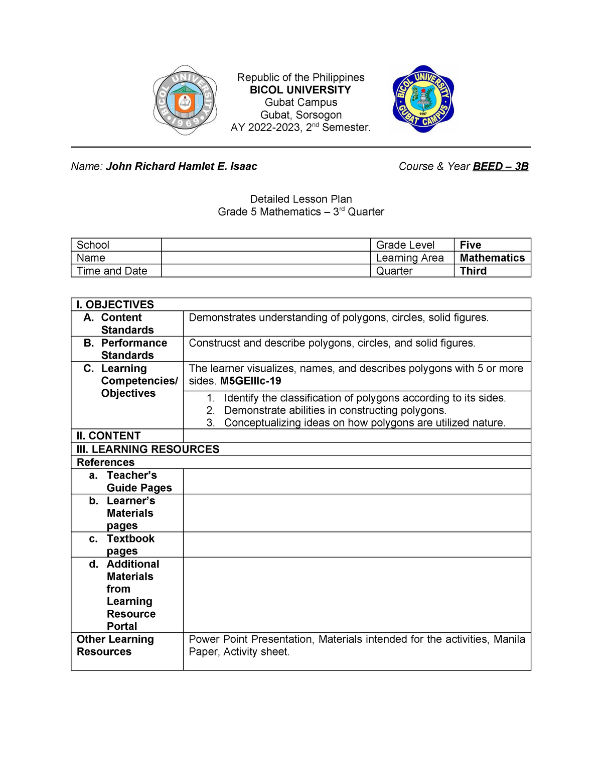 Isaac BEED 3B Math Grade 5 DLP - Republic of the Philippines BICOL ...