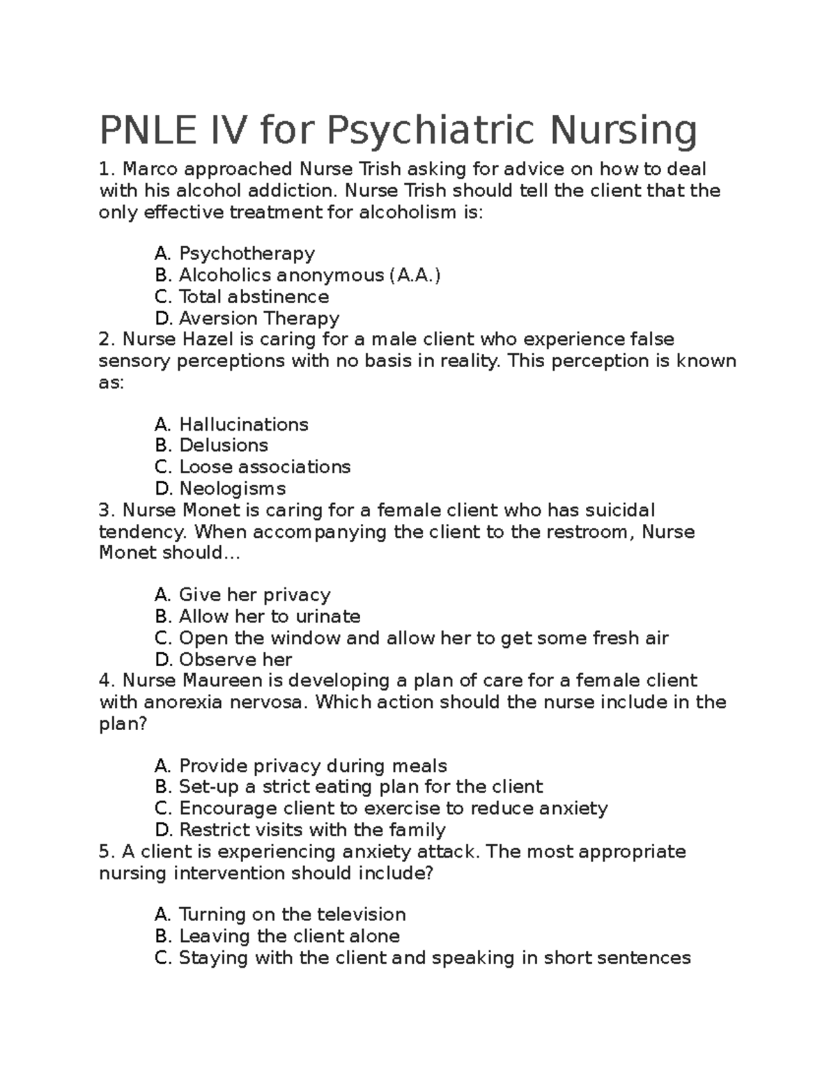 PNLE IV for Psychiatric Nursing PNLE IV for Psychiatric Nursing Marco