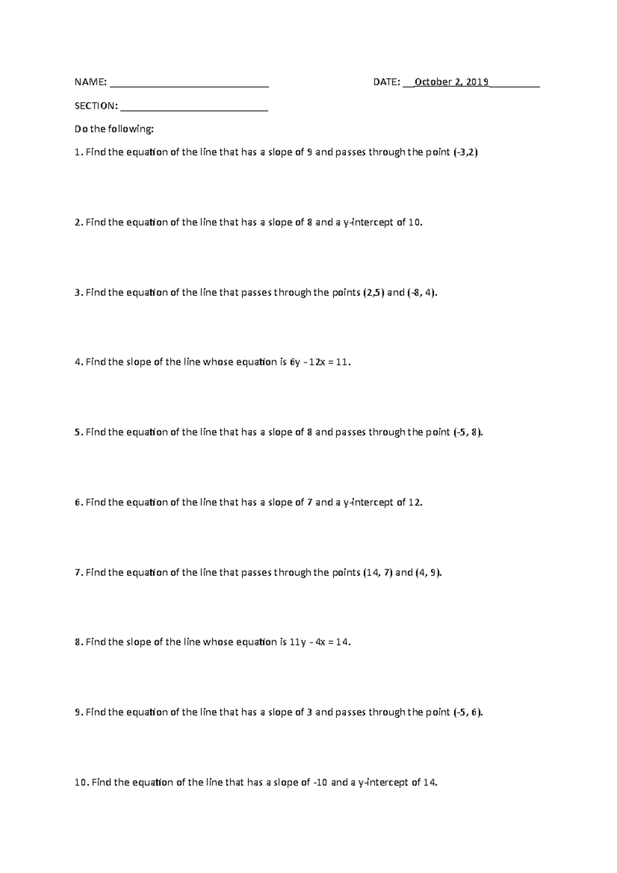 Equation of Line Worksheet - NAME: _____________________SECTION