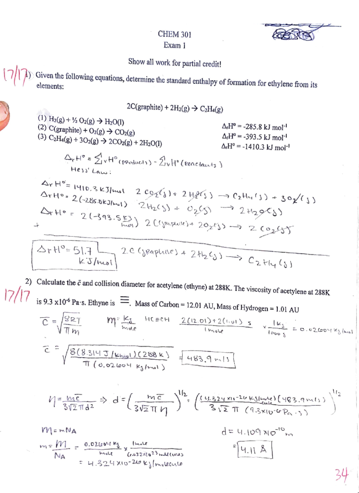 Chem 301 Exam 1 - CHEM 301 Exam 1 Show All Work For Partial Credit ...