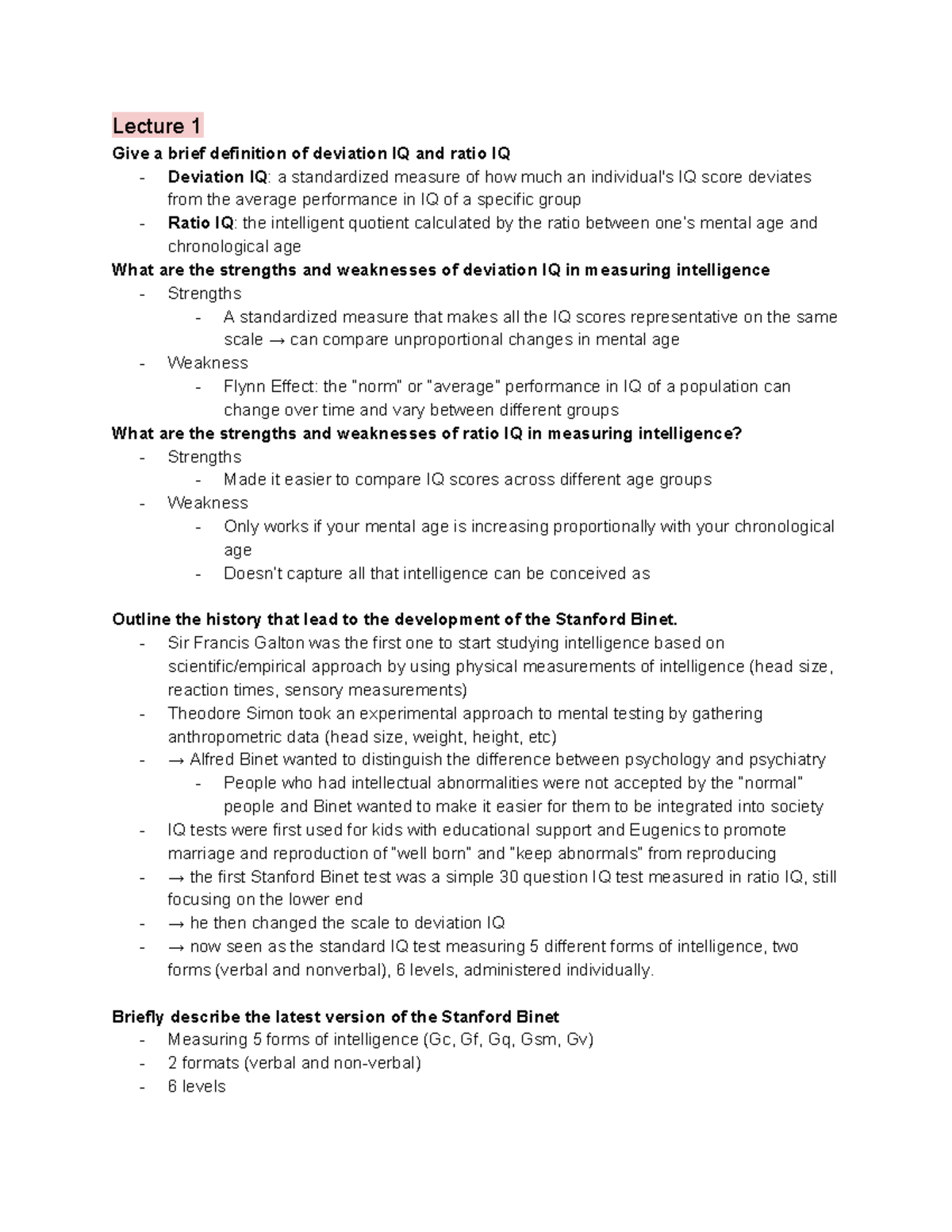 Intelligence Sample Questions - Lecture 1 Give a brief definition of ...