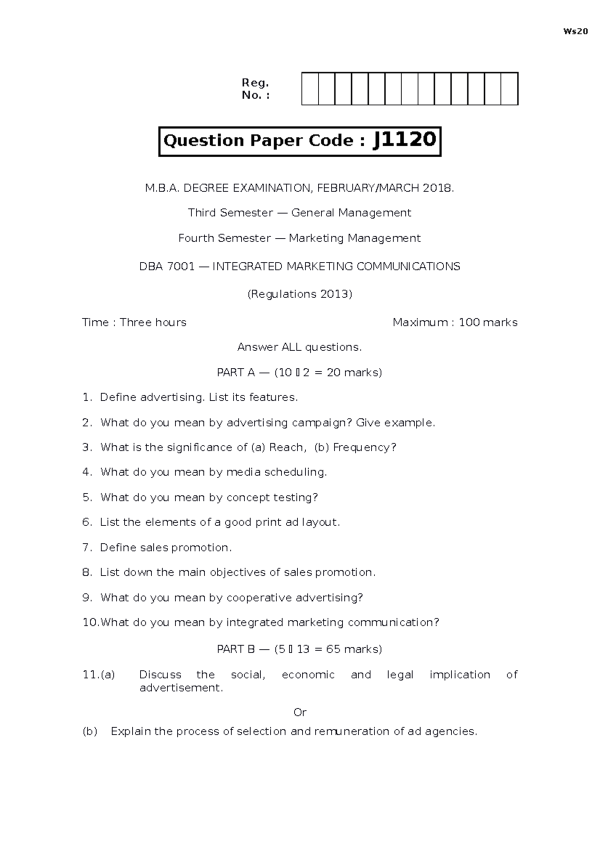 J1120 - QUESTION PAPER INTEGRATED MARKETING COMMIUNICATION - Reg. No ...
