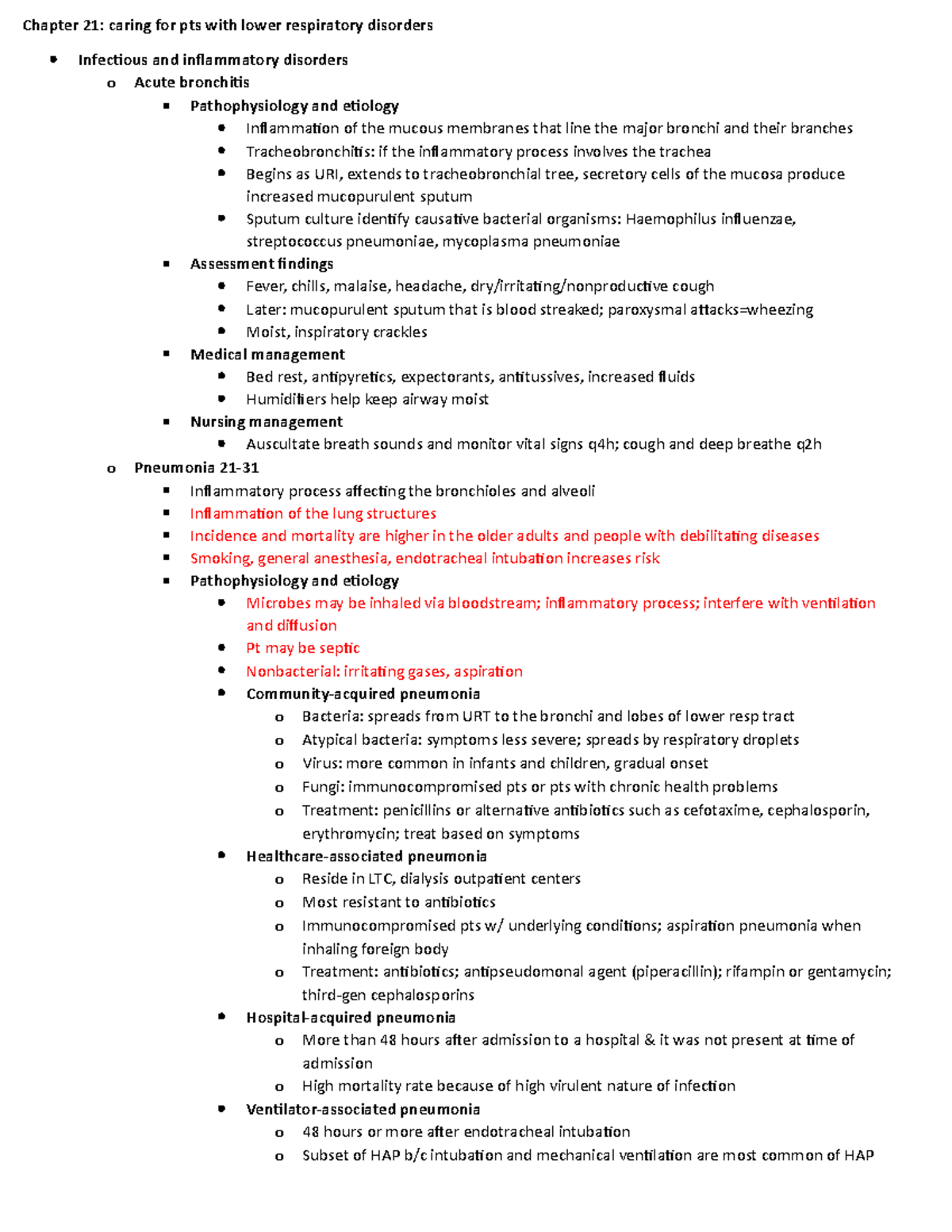 Lower respiratory disorders - Chapter 21: caring for pts with lower ...