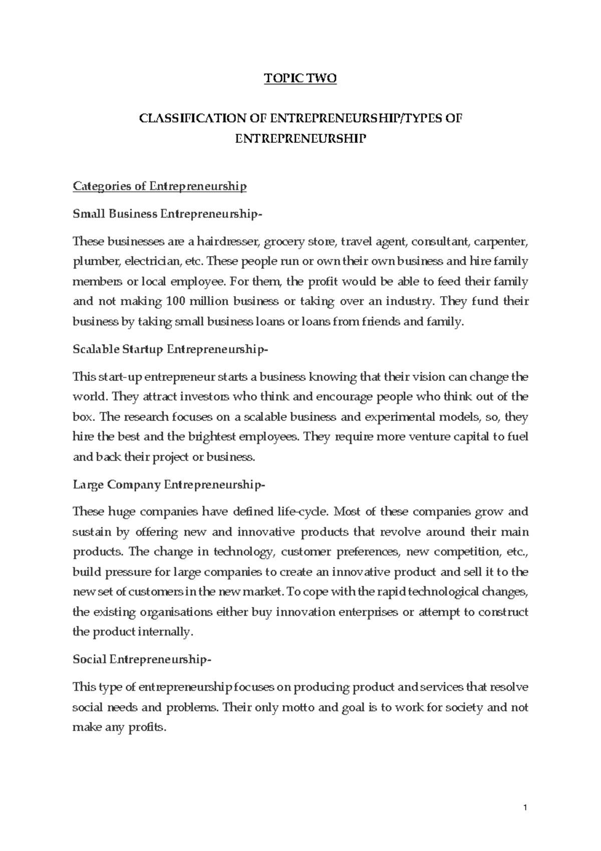 Topic TWO and Three Classitication OF Entrepreneurship JOST - TOPIC TWO ...