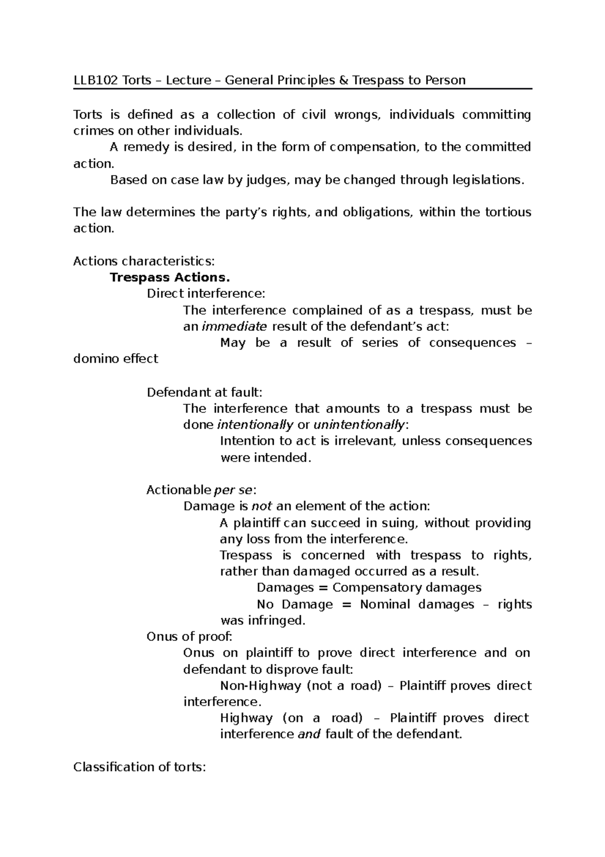 LLB102 Torts – Lecture – General Principles & Trespass to Person ...
