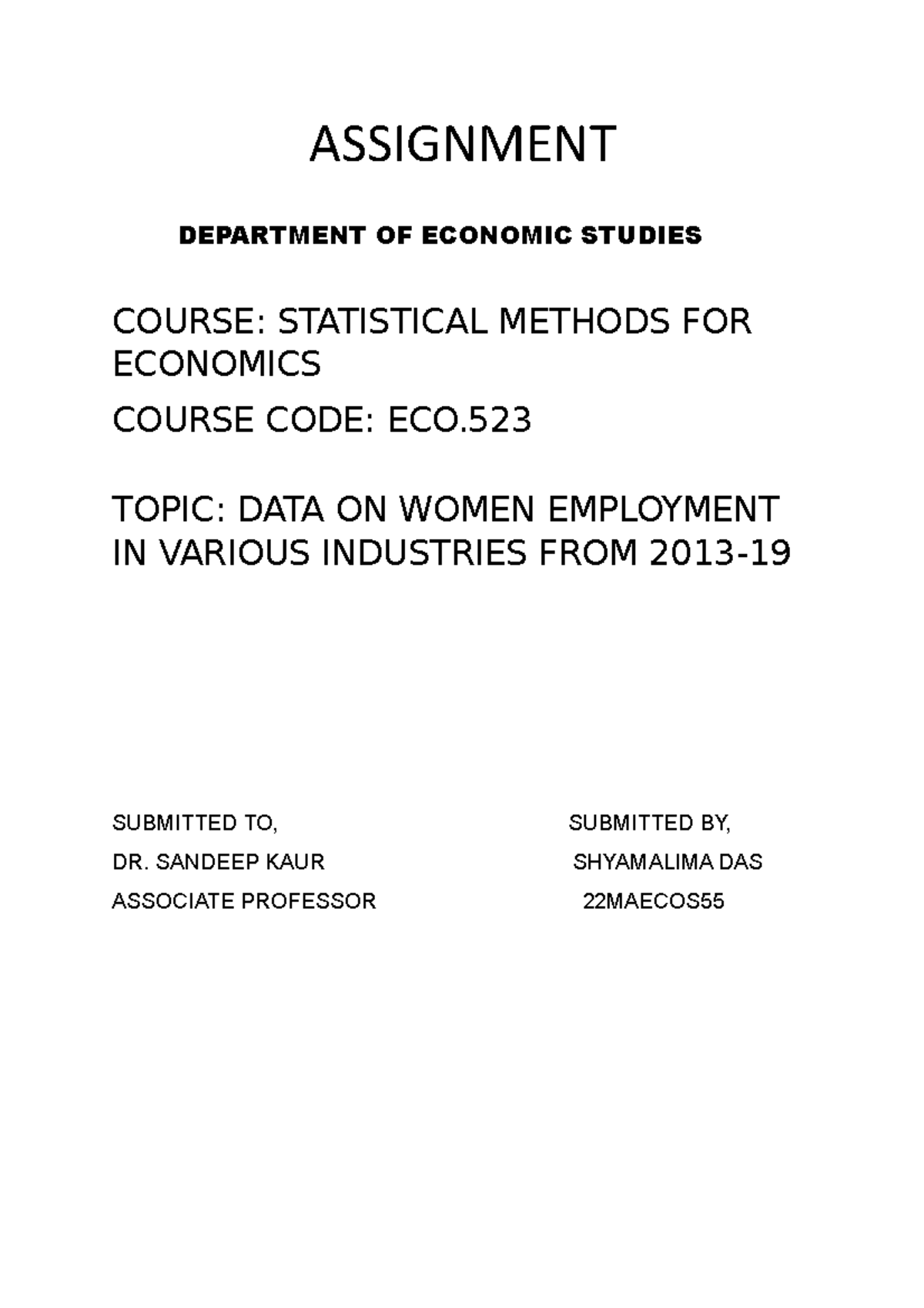 Table 1 department of economic studies course statistical methods