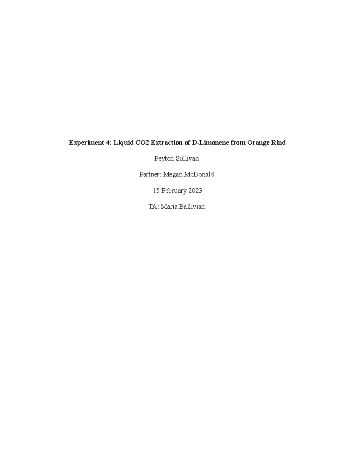 Orgo I lab report 4 full credit! Experiment 4 Liquid CO2
