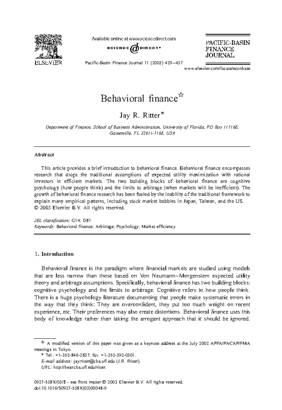 10783 - Notes On Behavioural Finance - Behavioral Finance $ Jay R ...