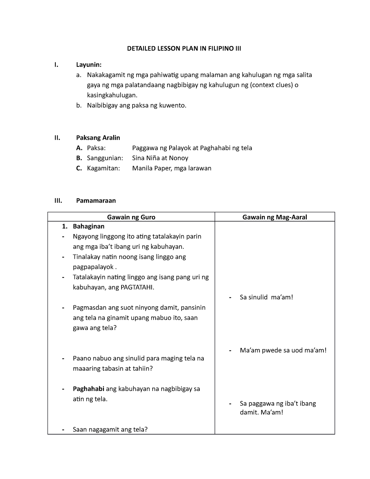 Detailed Lesson PLAN IN Filipino III - DETAILED LESSON PLAN IN FILIPINO