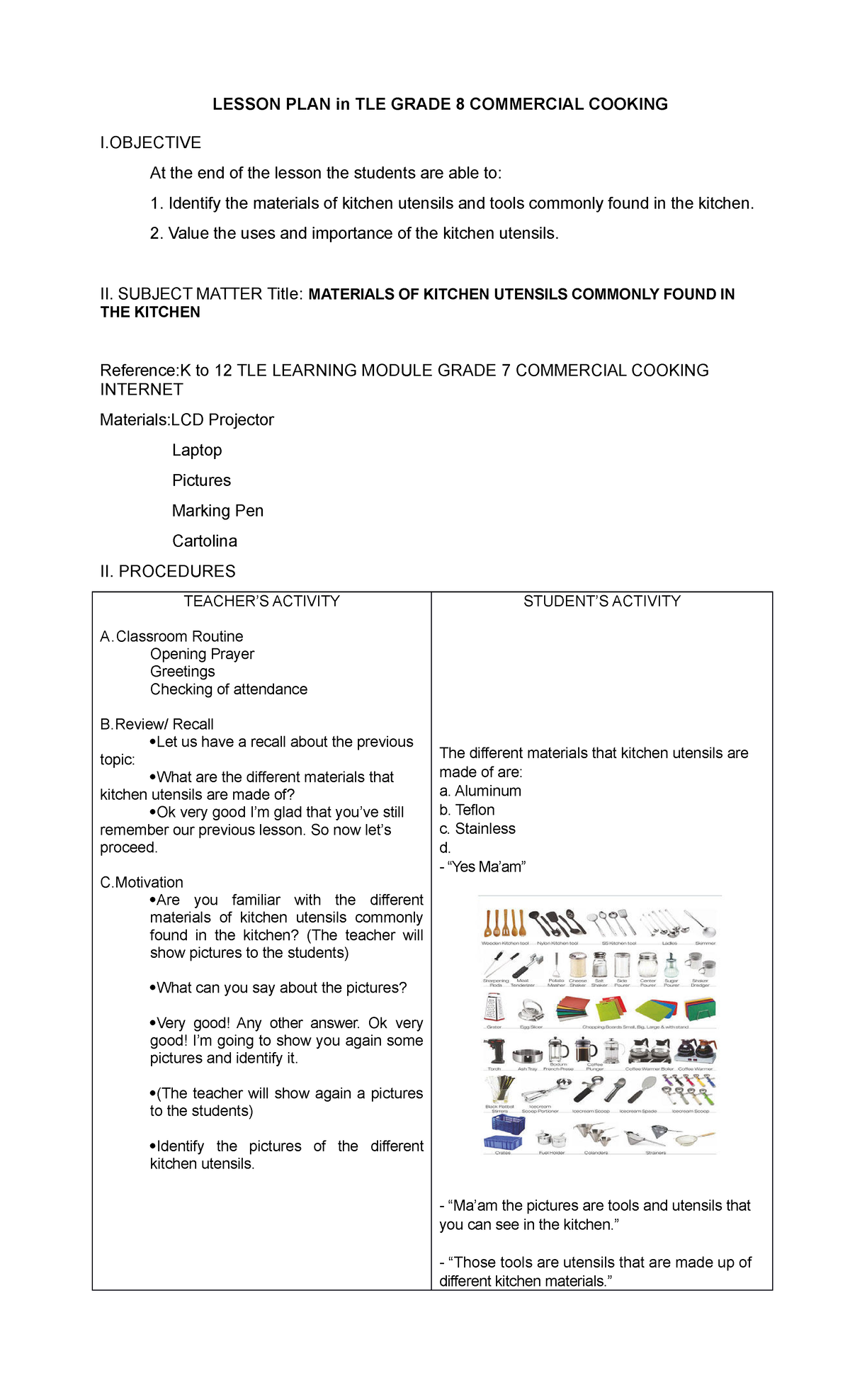 Lesson PLAN In TLE Grade 8 Commercial CO LESSON PLAN In TLE GRADE 8