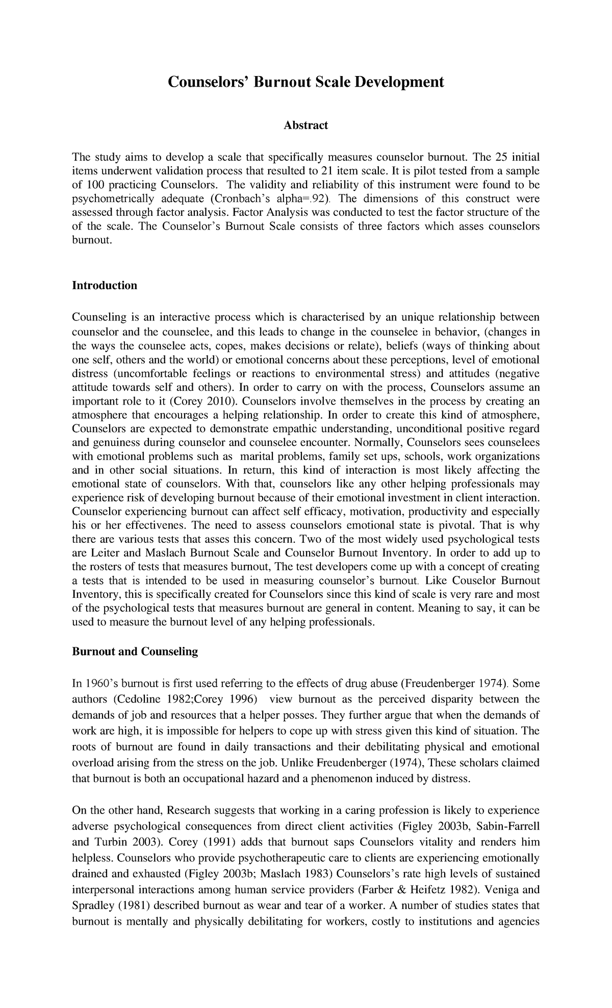 Burnout Scale Development Course Work - Counselors’ Burnout Scale ...