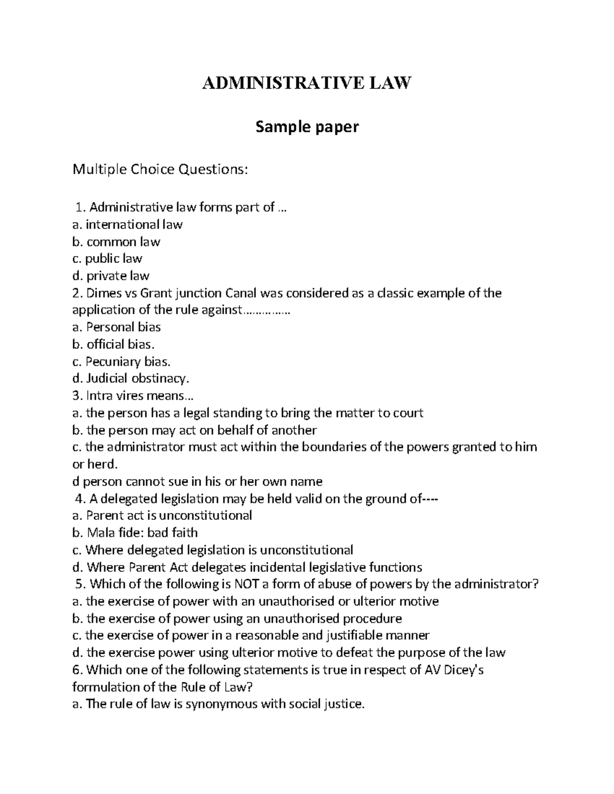 MCQ Of Administrative Law - ADMINISTRATIVE LAW Sample Paper Multiple ...