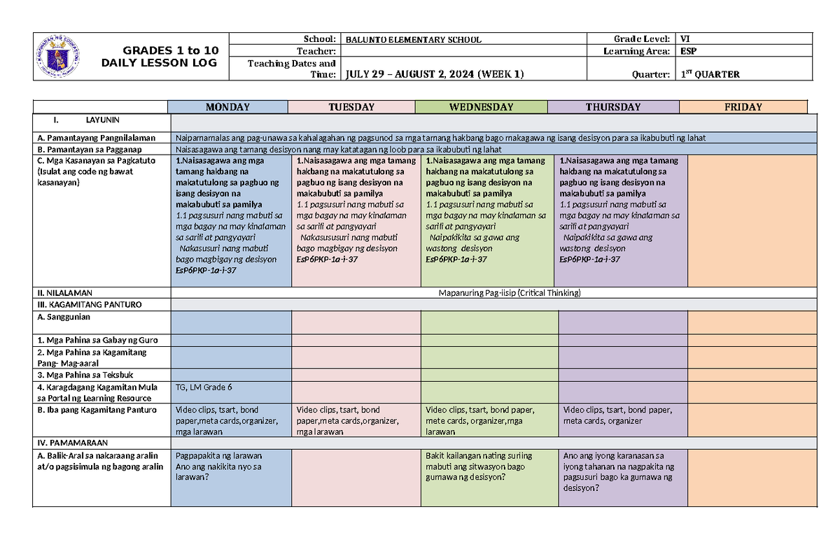 DLL ESP 6 Q1 W1 - DLL ESP - GRADES 1 to 10 DAILY LESSON LOG School ...