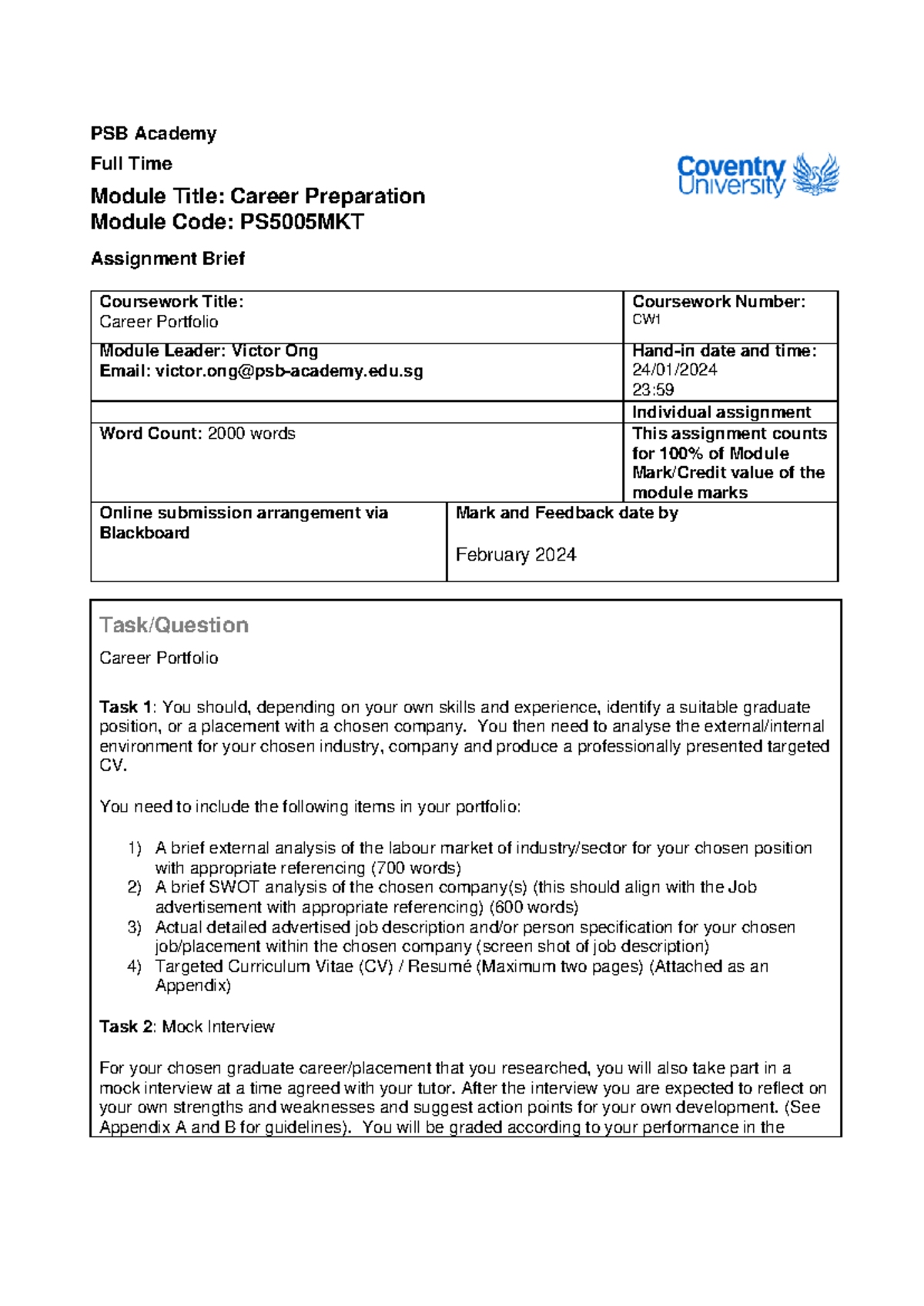 PS5005MKT Career Preparation CW1 Tri 3 2023 FT - PSB Academy Full Time ...