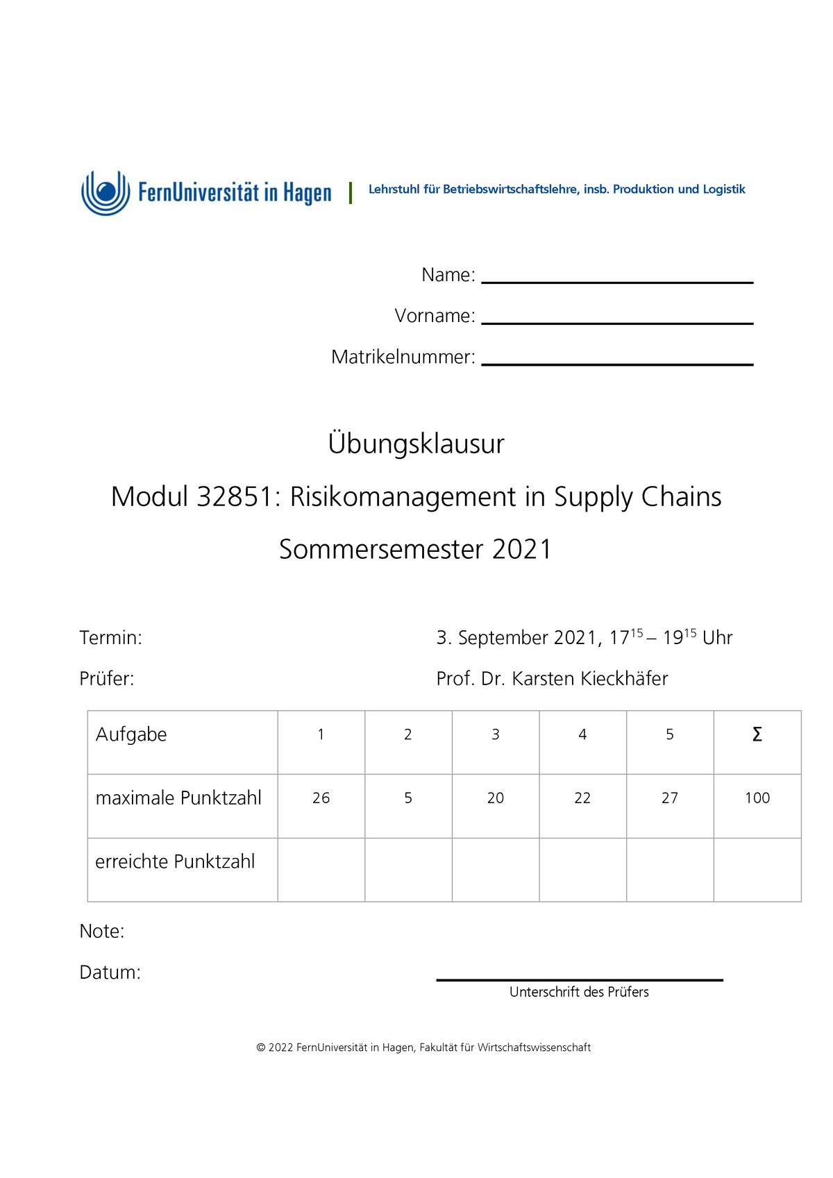 Übungsklausur SS 2021 - © 2022 FernUniversit‰t In Hagen, Fakult‰t F ̧r ...