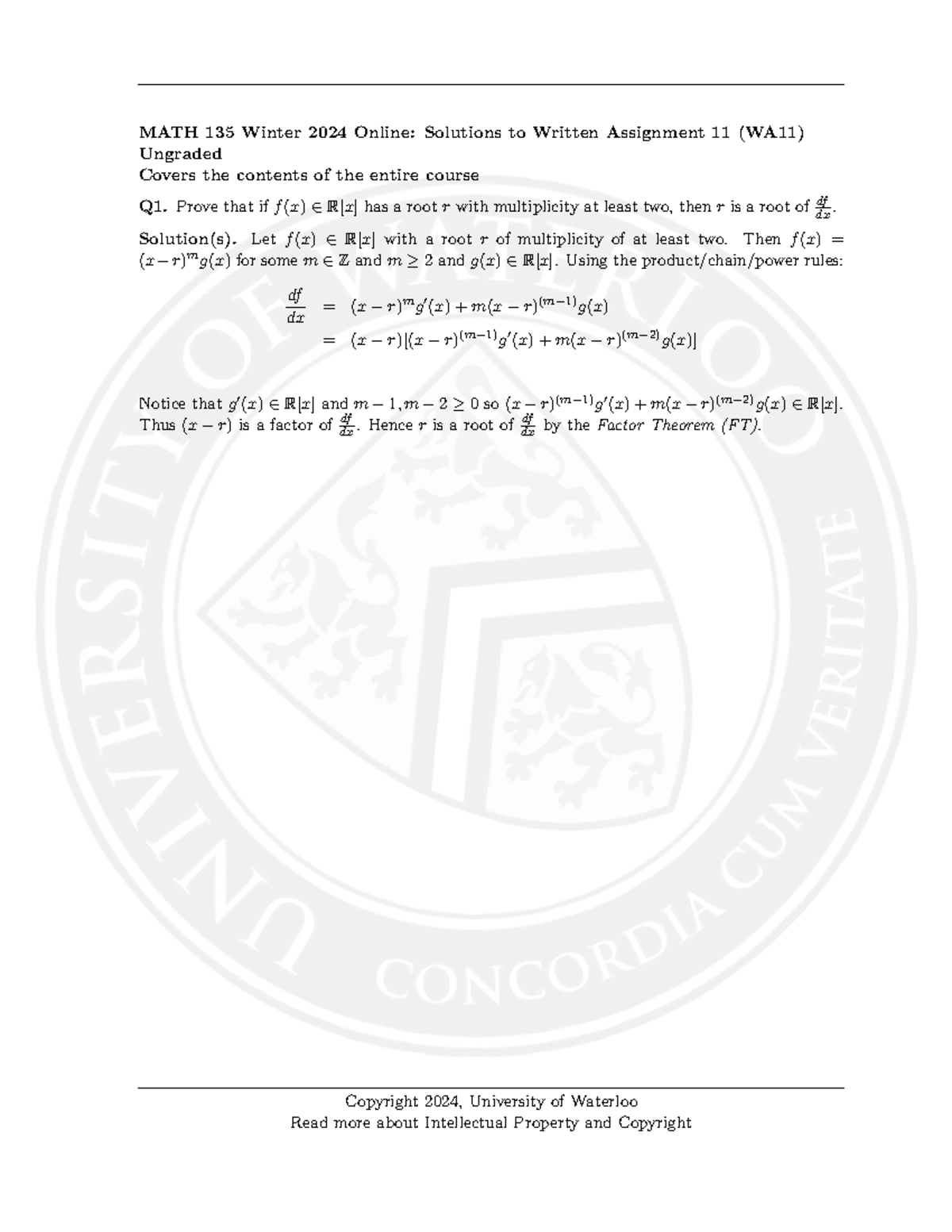 Wa11-solutions - Written assignment - MATH 135 Winter 2024 Online ...