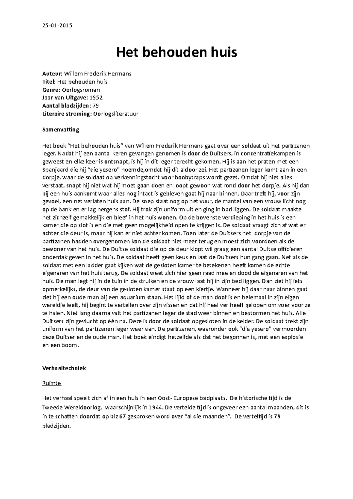 Leesverslag Het behouden huis 2501 Het behouden huis Auteur Willem Frederik Hermans Titel