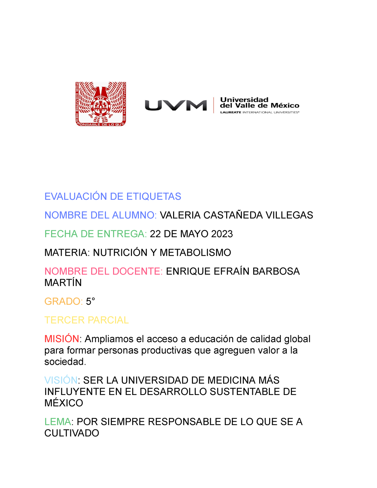 A15 Vcv Actividad 15 Nutrición Y Metabolismo EvaluaciÓn De Etiquetas Nombre Del Alumno 7314