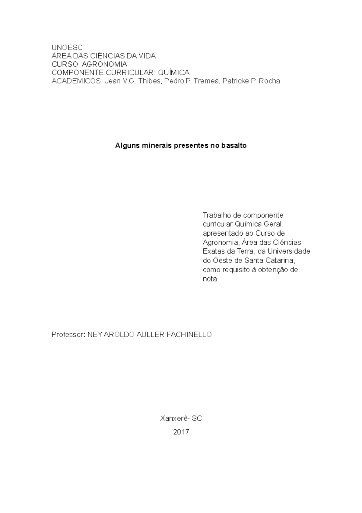 Unoesc Trabalho De Quimica - UNOESC ÁREA DAS CIÊNCIAS DA VIDA CURSO ...