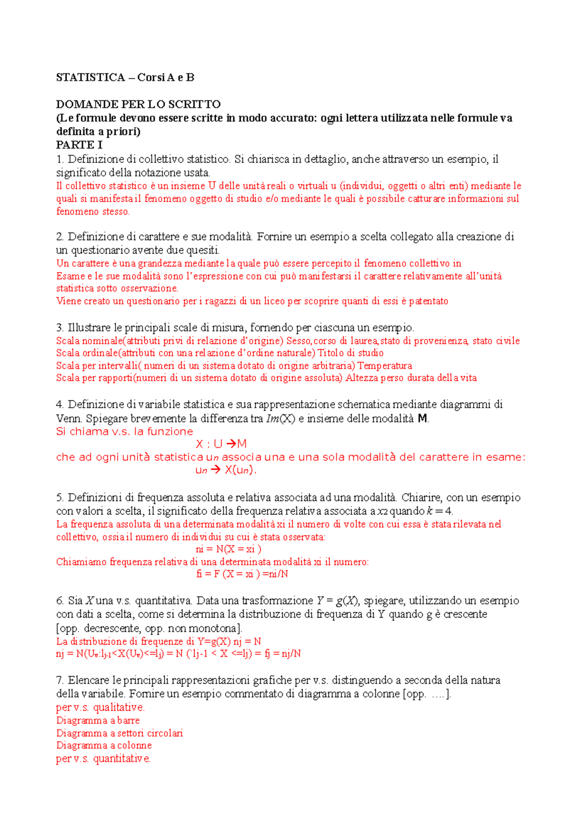 Risposte Scritto Statistica - STATISTICA – Corsi A E B DOMANDE PER LO ...