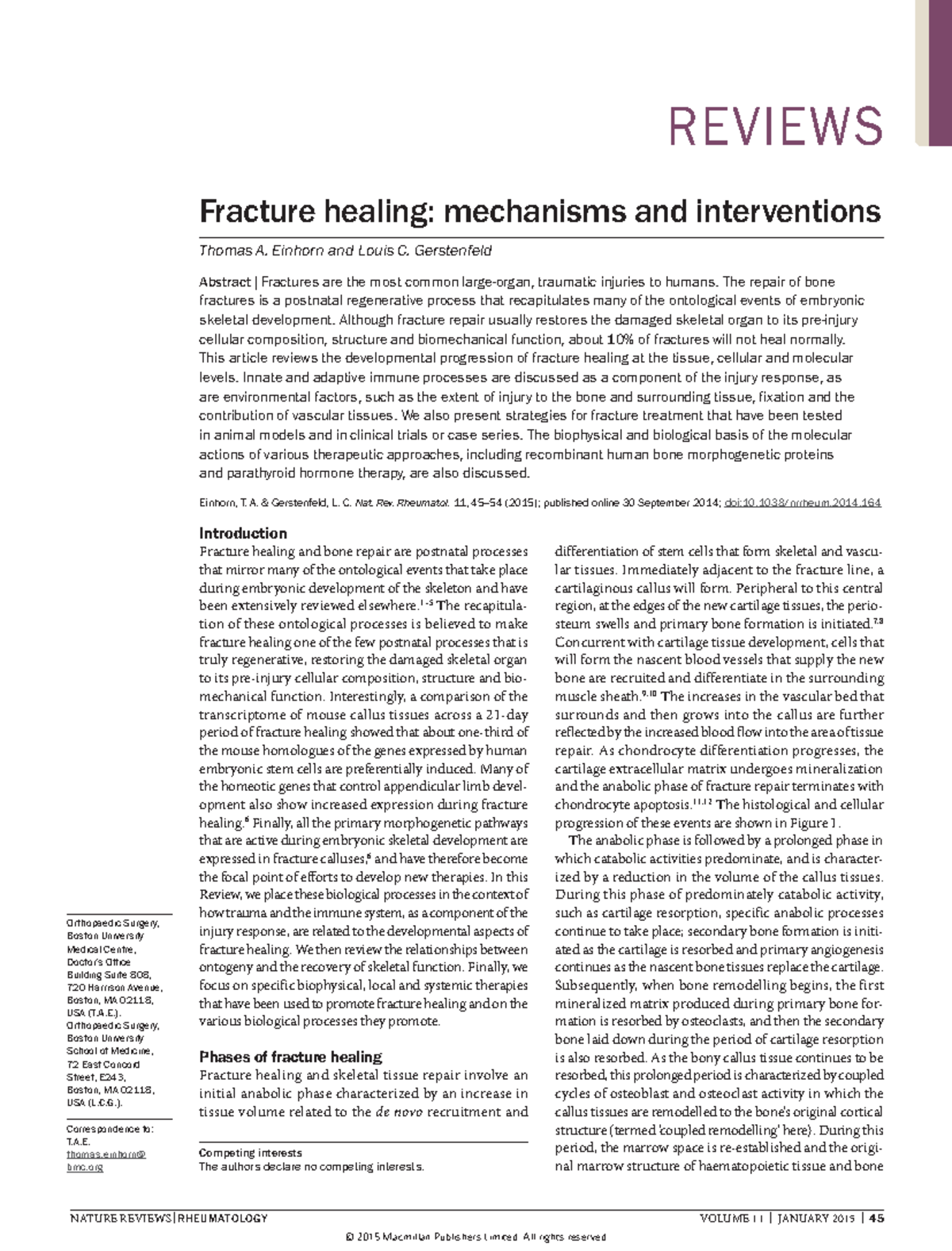 Einhorn 2014 hgt NATURE REVIEWS RHEUMATOLOGY VOLUME 11 JANUARY 2015 45 Orthopaedic
