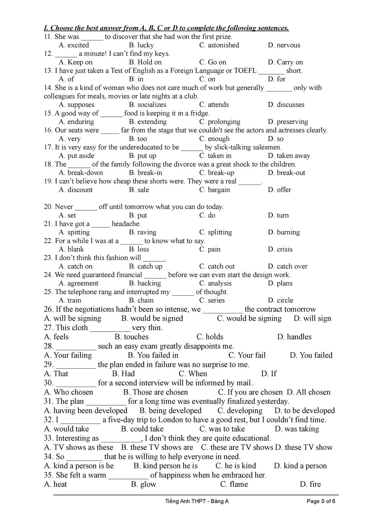 Grammar - sfrssaDAFSASs - I. Choose the best answer from A, B, C or D ...