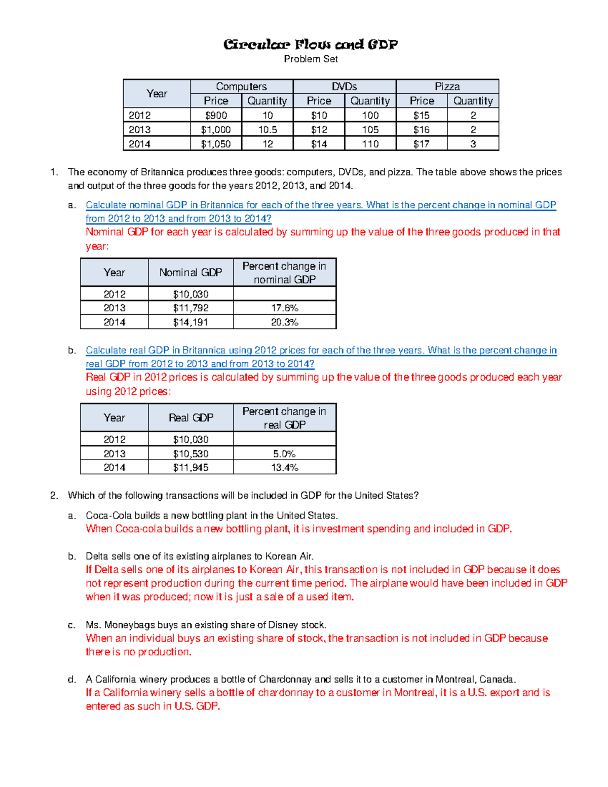 Lesson 30 OA GDP Answers Circular Flow and GDP Problem Set Year