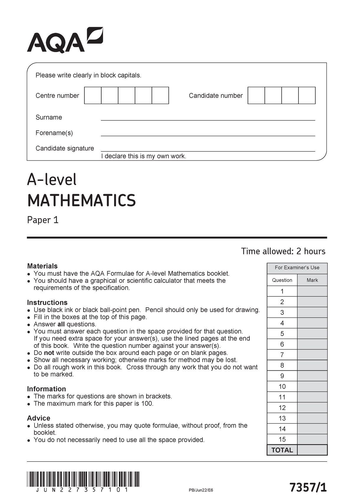 7357-1-QP-Mathematics-A-7Jun22-PM - PB/Jun22/E6 7357/ (JUN227357101) A ...