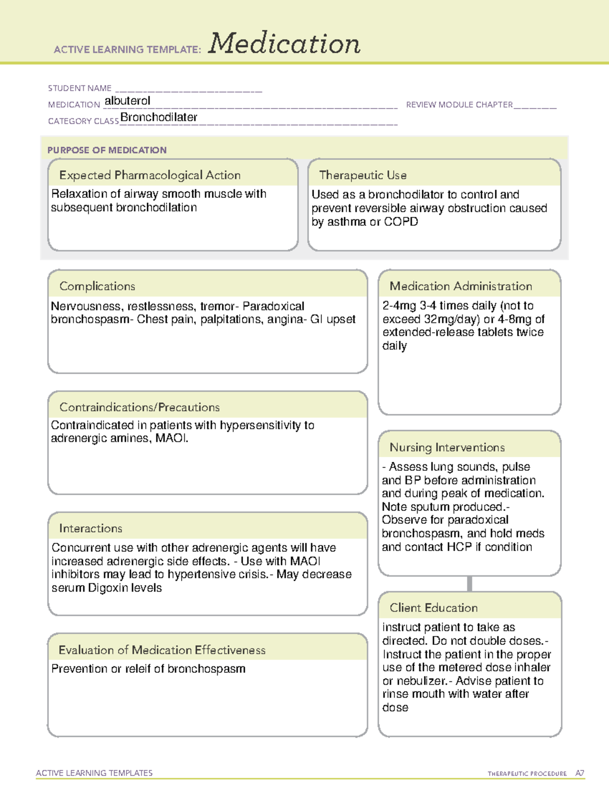 ALTalbuterol - ATI ALT abuterol - ACTIVE LEARNING TEMPLATES THERAPEUTIC ...