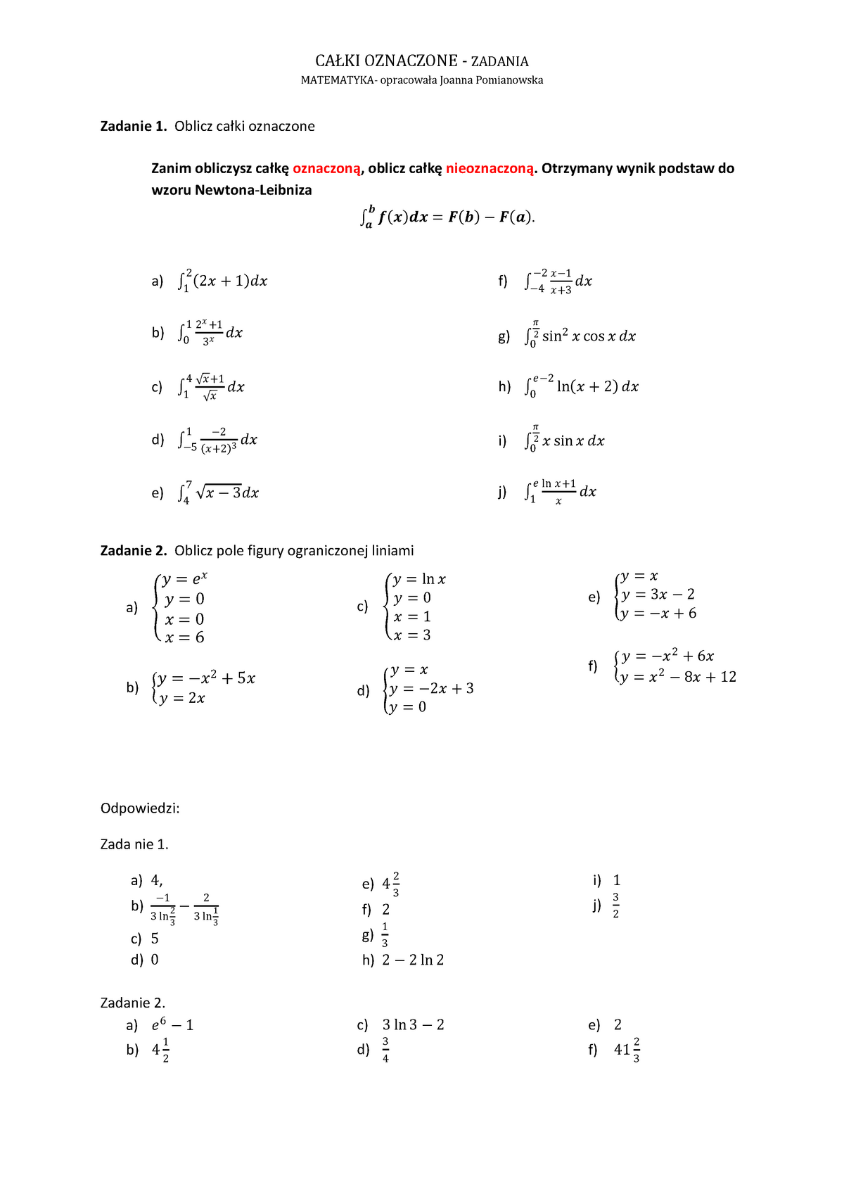 Całki Oznaczone - Materiały Do Zajęć Z Matematyki. WSB Poznań. - CAŁKI ...