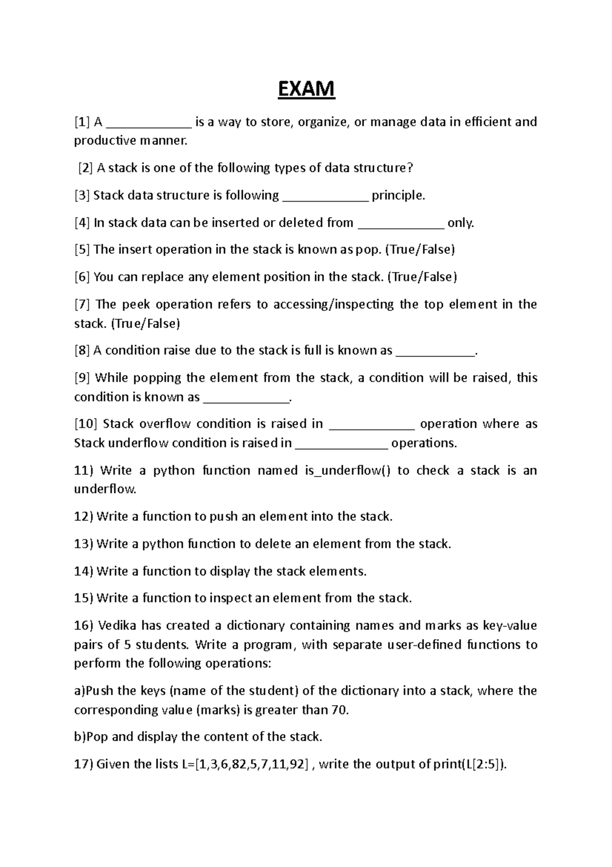 Class 12 Python EXAM 4 - question - EXAM [1] A ____________ is a way to ...
