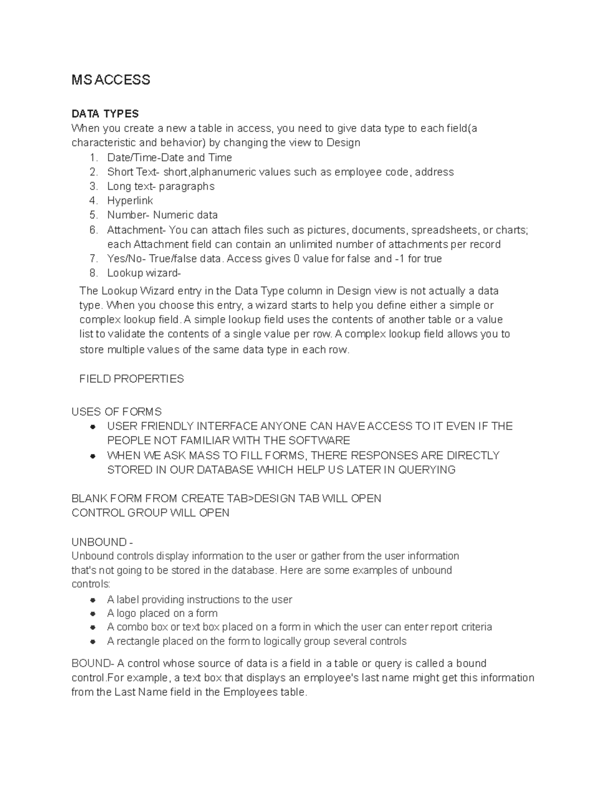 MS Access - MS ACCESS DATA TYPES When you create a new a table in ...