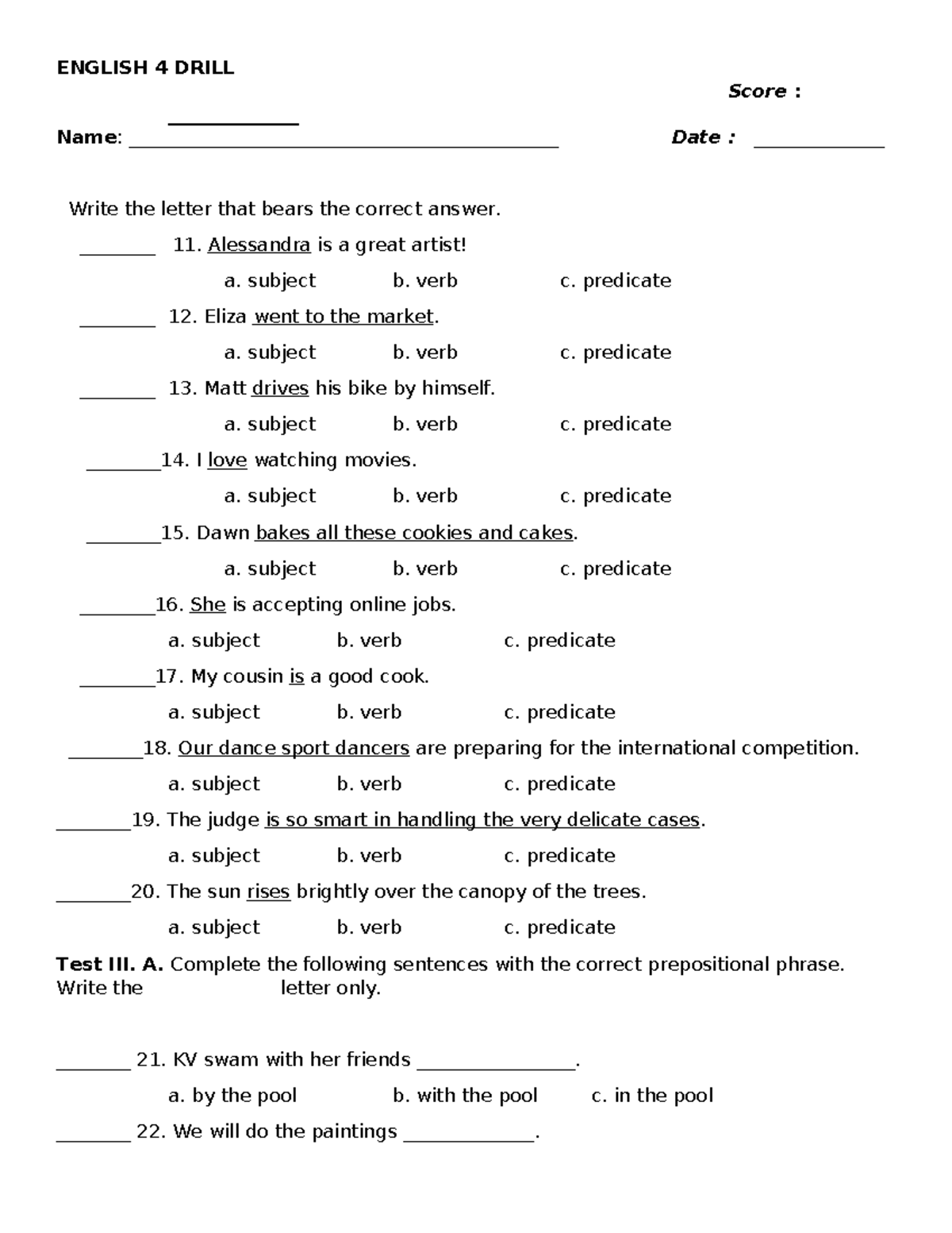English-4- Drill - ENGLISH 4 DRILL Score : Name