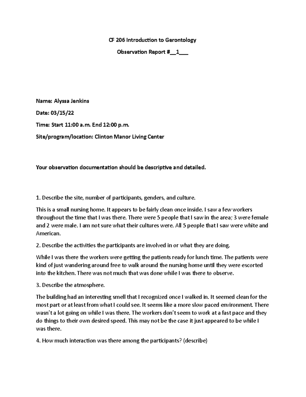 CF206 Observations - CF 206 Introduction to Gerontology Observation ...