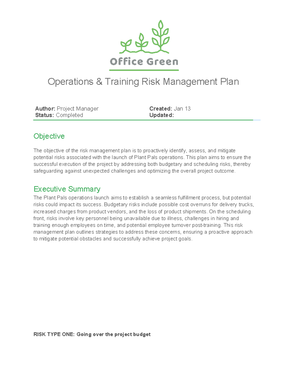 Risk management plan - Alex V - Operations & Training Risk Management ...