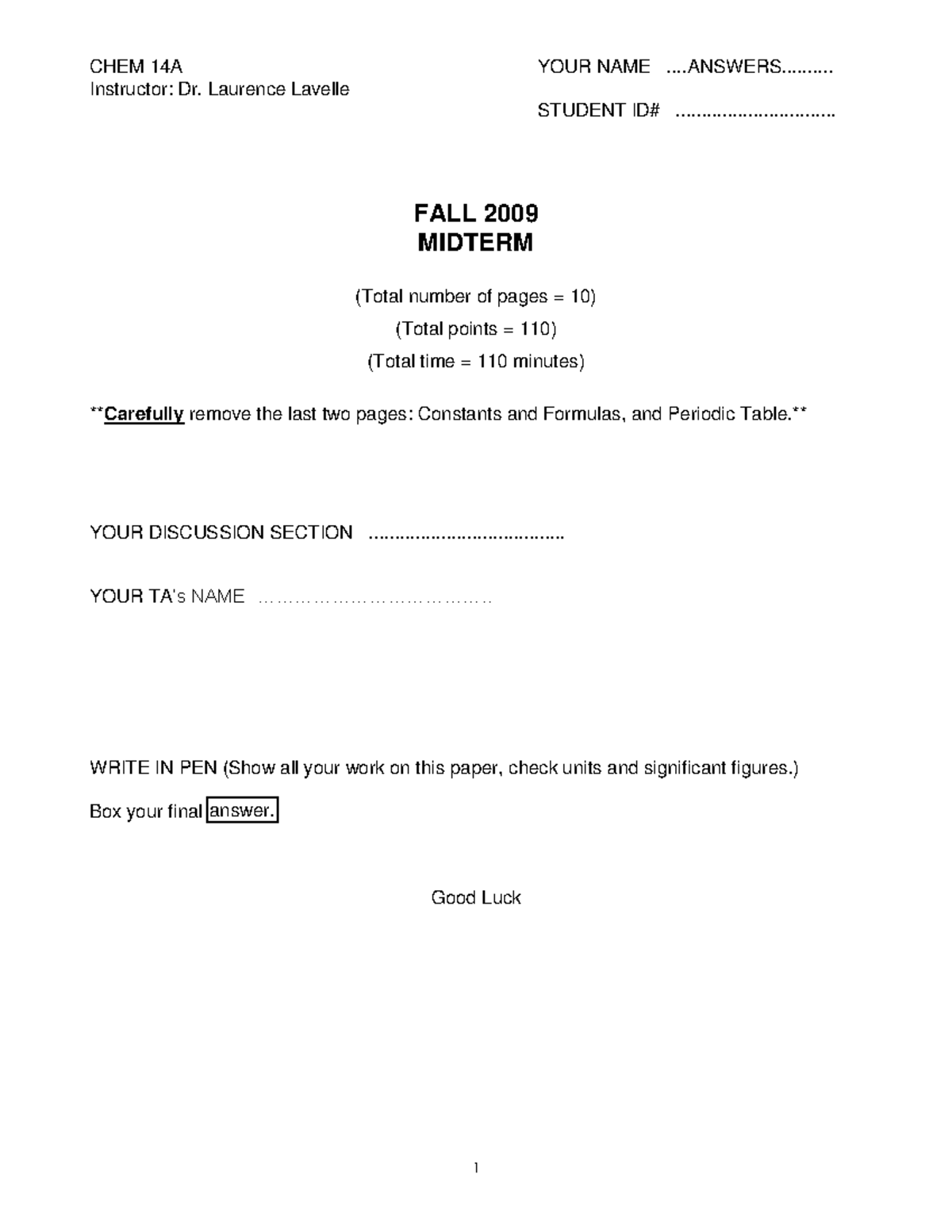 Midterm Fall 2009 Ans Chem 14a - CHEM 14A YOUR NAME ...