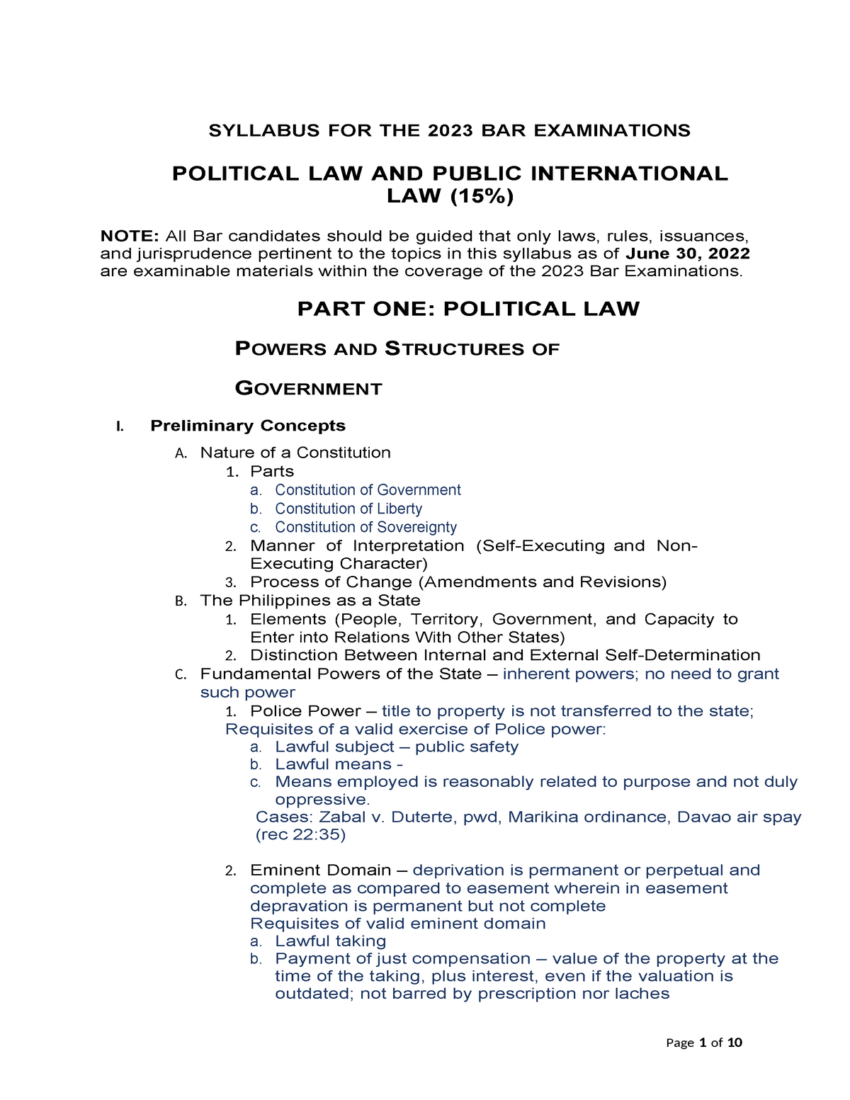Political Law Bar Exam Syllabus 2023 SYLLABUS FOR THE 2023 BAR