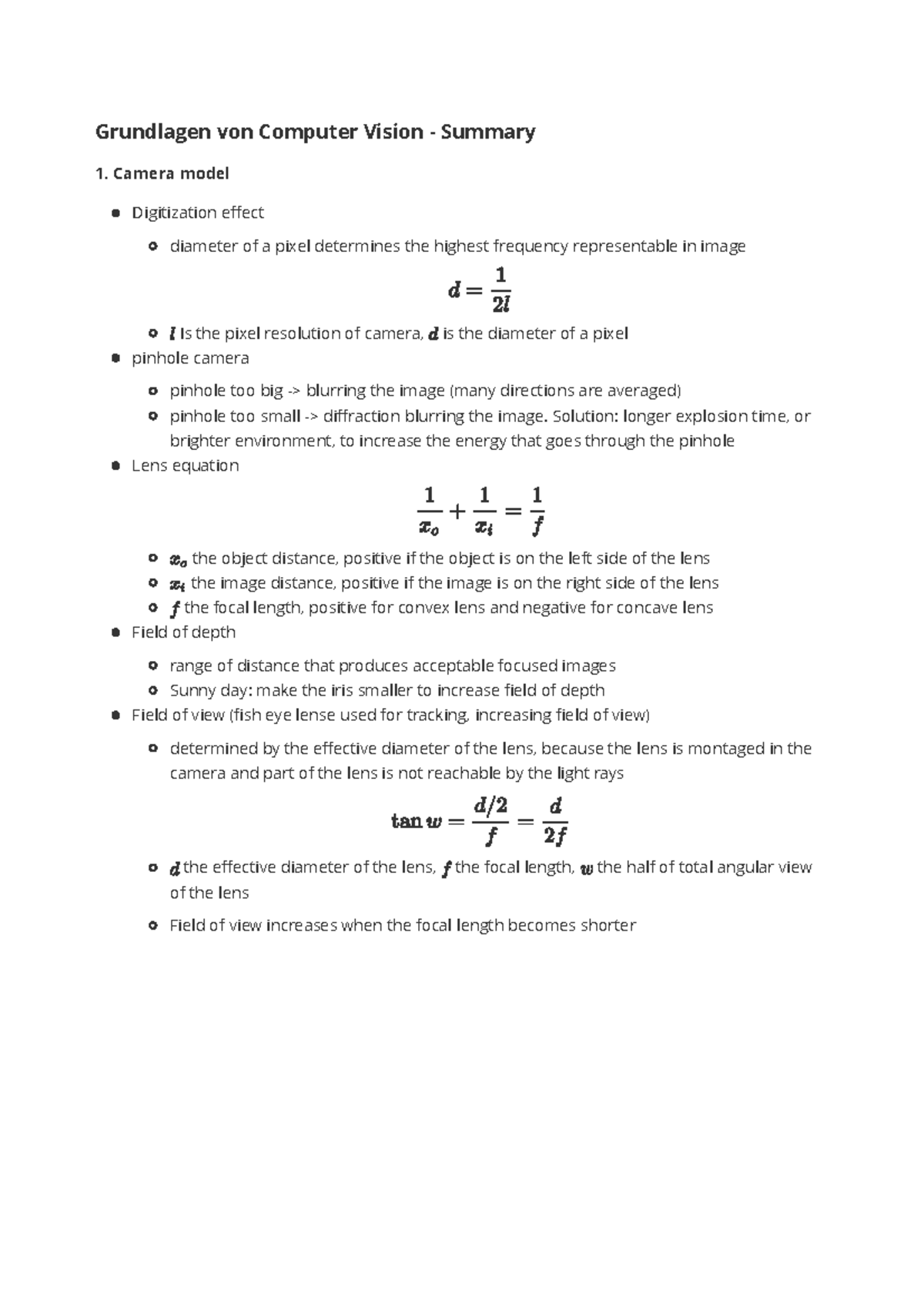 Grundlagen von Computer Vision - Camera model Digitization diameter of ...