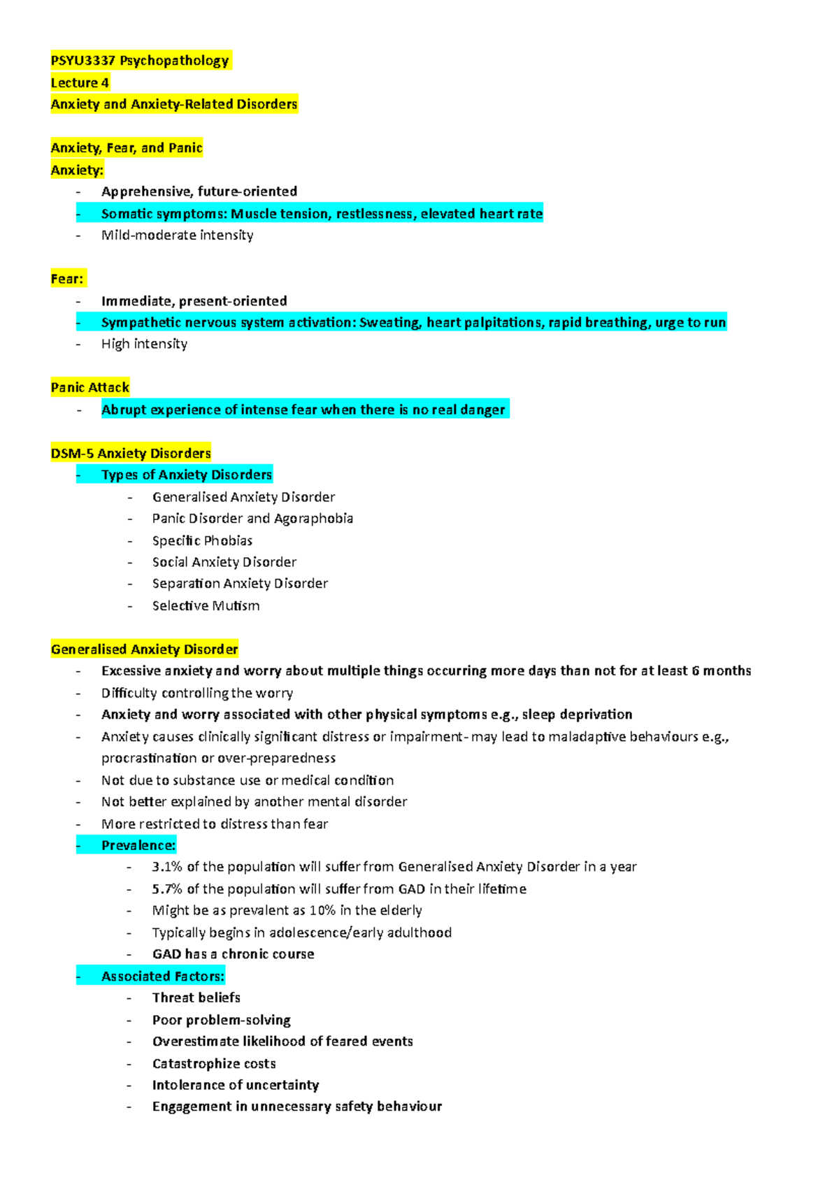 Week 4 Psyu3337 Psychopathology Psyu3337 Psychopathology Lecture 4 Anxiety And Anxiety Related